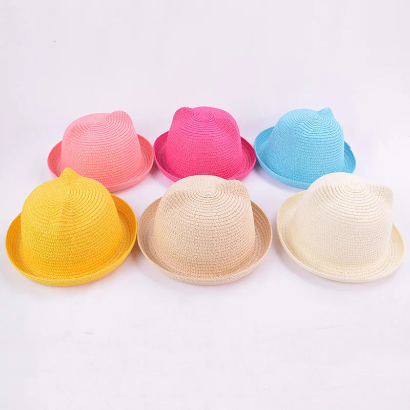 Fashion Lovely Girls Boys Straw Hats Headdress Summer Kids Baby Bucket Sun Hat Cute Ear Solid Floppy Beach Cap For Children