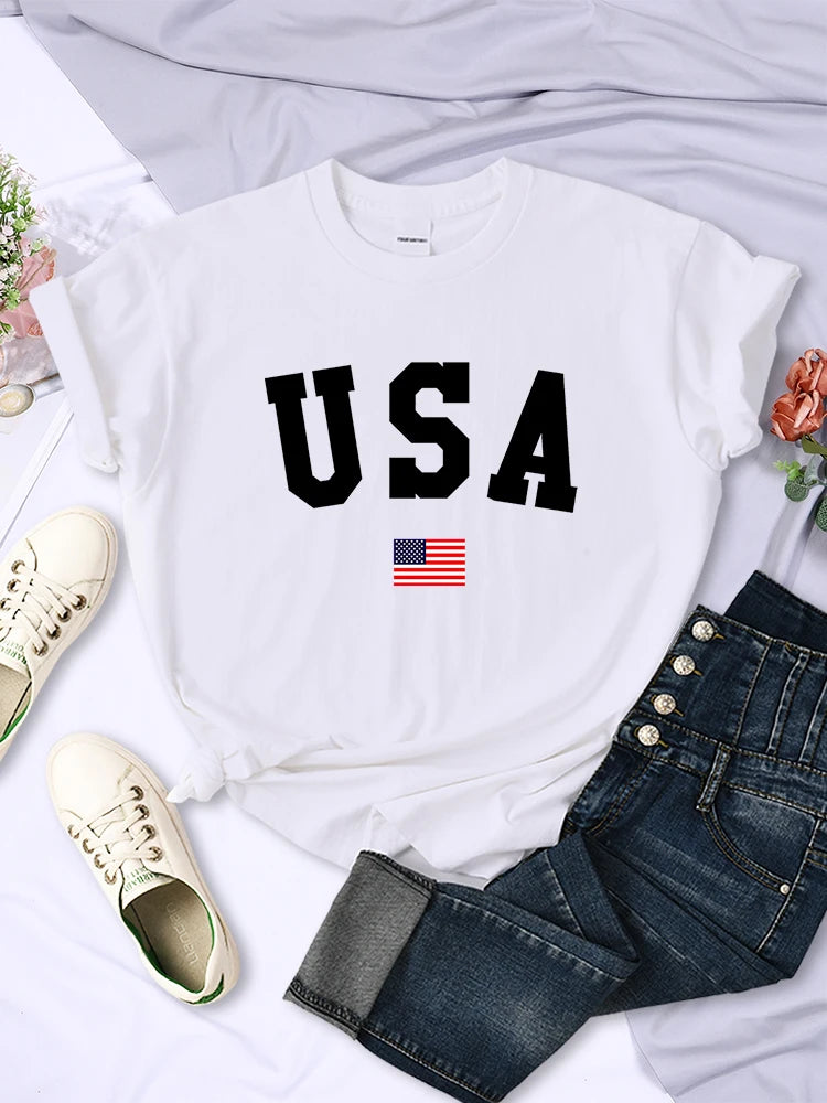 USA National Flag City Street Printed Women T-Shirts Fashion Breathable Short Sleeve Summer Hip Hop O-Neck Tees Hip Hop Tshirts