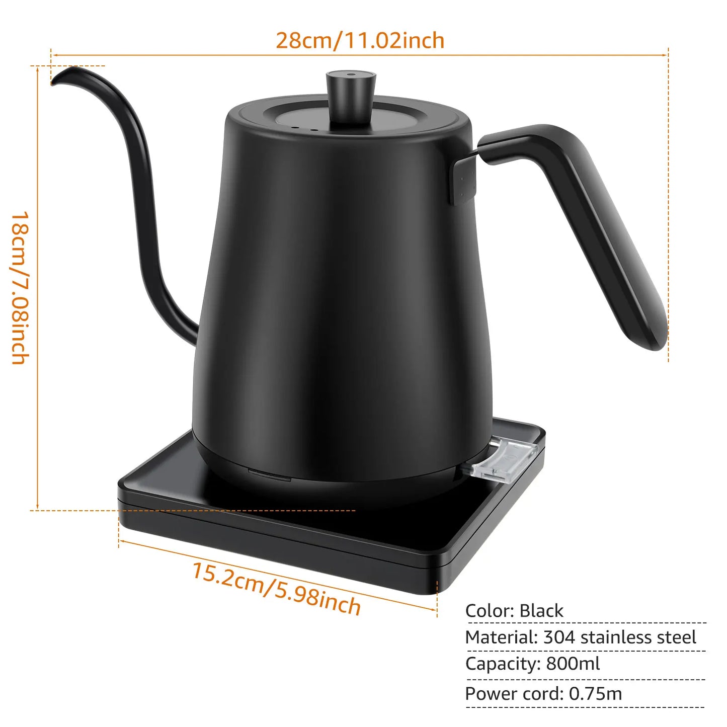 Coffee Kettle Gooseneck Electric Kettle with Base Stainless Steel Hot Water Boiler Manual Pour Over Coffee Maker Coffee Tea Pot