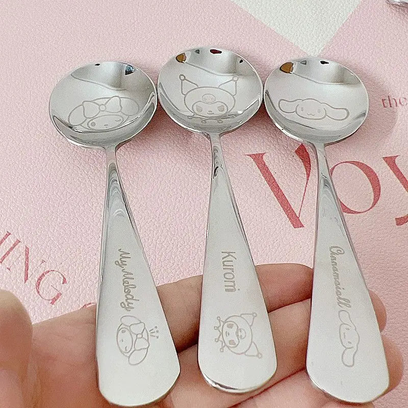 Sanrio Tableware Suit Kuromi Cinnamoroll Kawaii Cartoon Student Have A Meal Spoon Chopsticks Stainless Steel Toys Girls Gifts