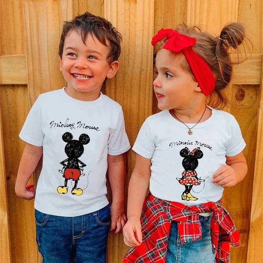 Cute Minnie Mickey Mouse Print Kids T-shirt Summer Short Sleeve White Color Tops Tees Harajuku Boys Girls Disney Tshirts Clothes