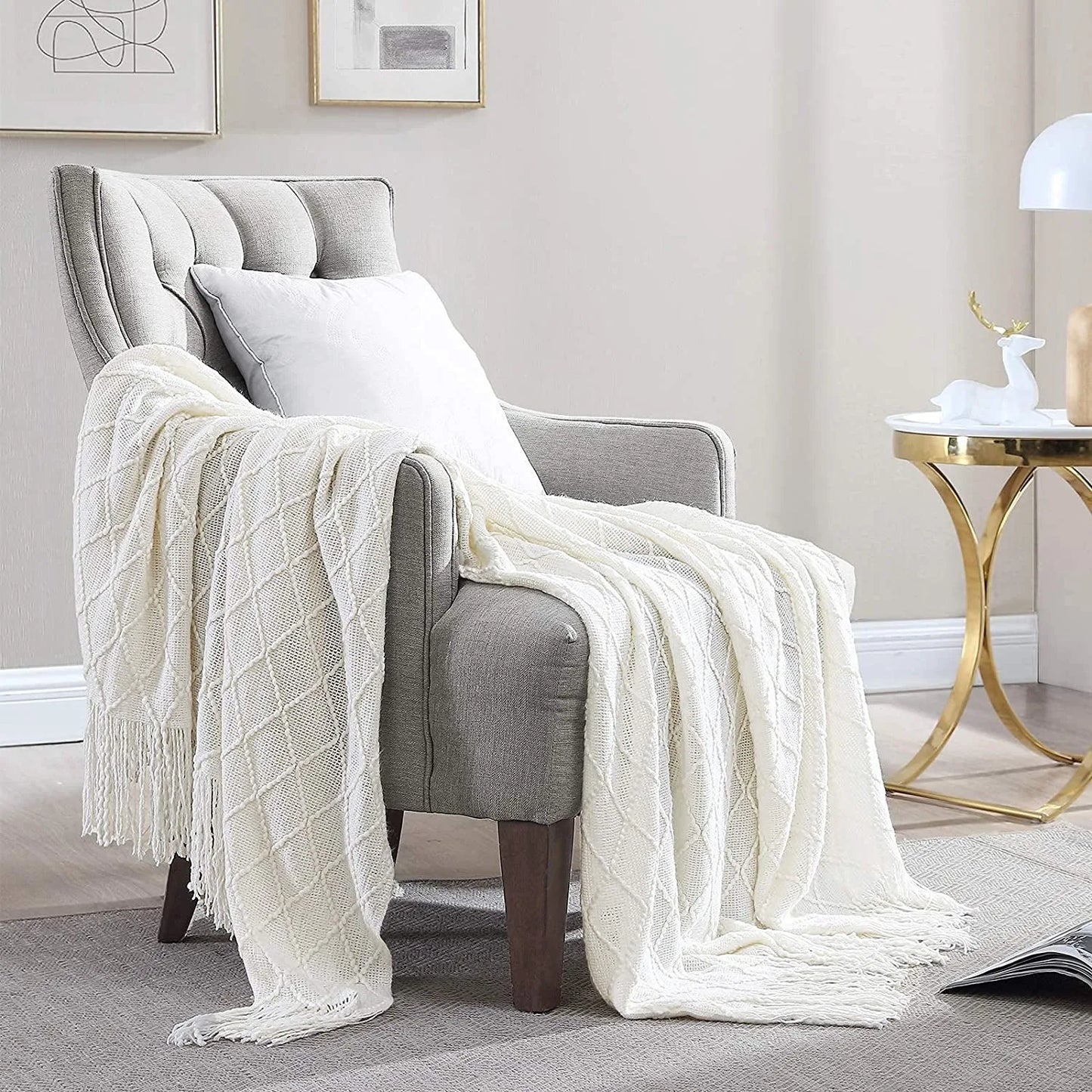 Inya Chunky Knit Blanket Beige Soft Tassel Plaid Weight Blanket For Bed Home Decorative Sofa Throws Industrial Style Tapestry