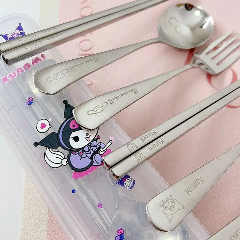 Sanrio Tableware Suit Kuromi Cinnamoroll Kawaii Cartoon Student Have A Meal Spoon Chopsticks Stainless Steel Toys Girls Gifts