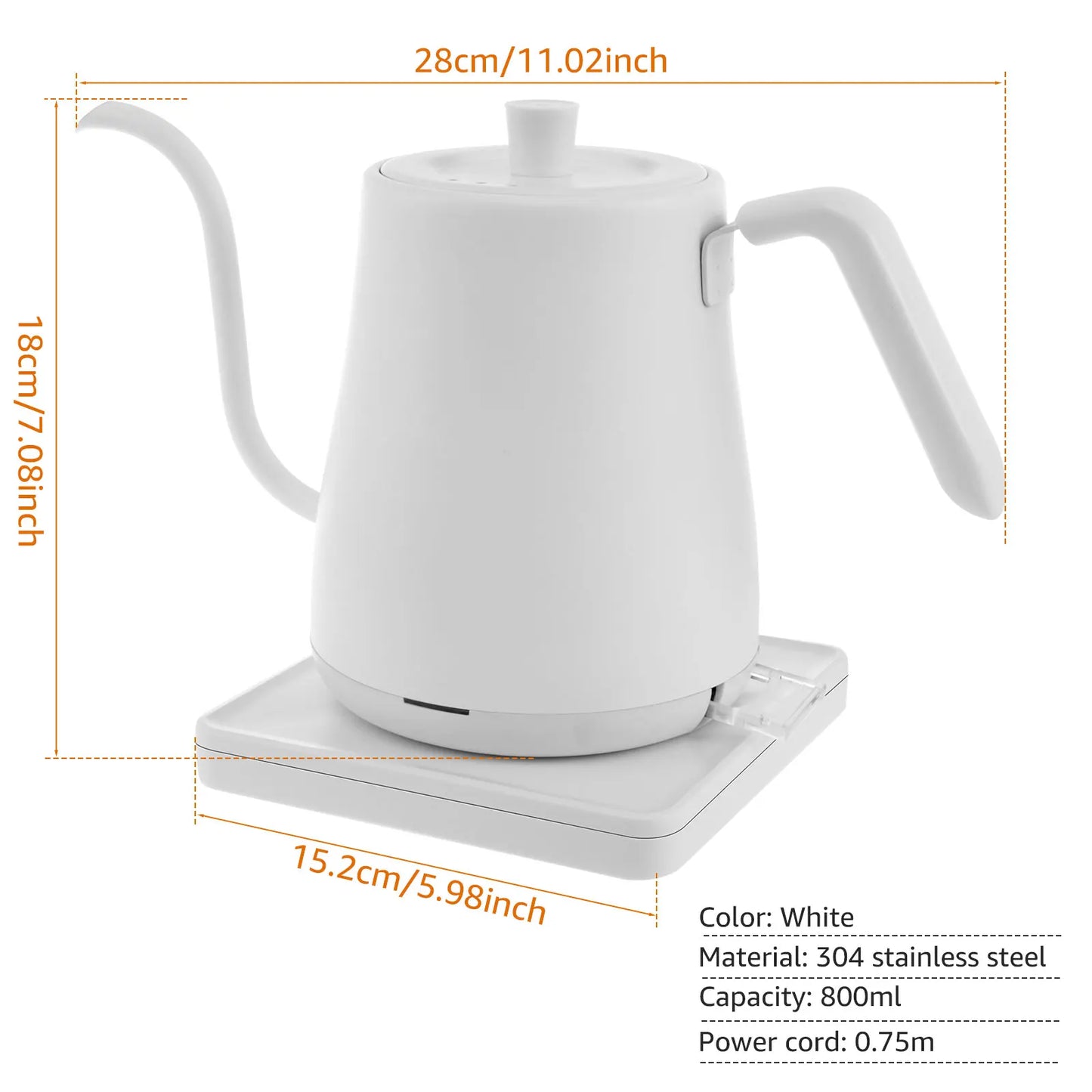 Coffee Kettle Gooseneck Electric Kettle with Base Stainless Steel Hot Water Boiler Manual Pour Over Coffee Maker Coffee Tea Pot