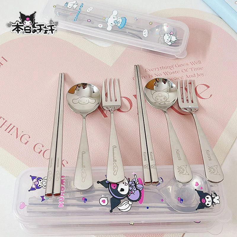 Sanrio Tableware Suit Kuromi Cinnamoroll Kawaii Cartoon Student Have A Meal Spoon Chopsticks Stainless Steel Toys Girls Gifts