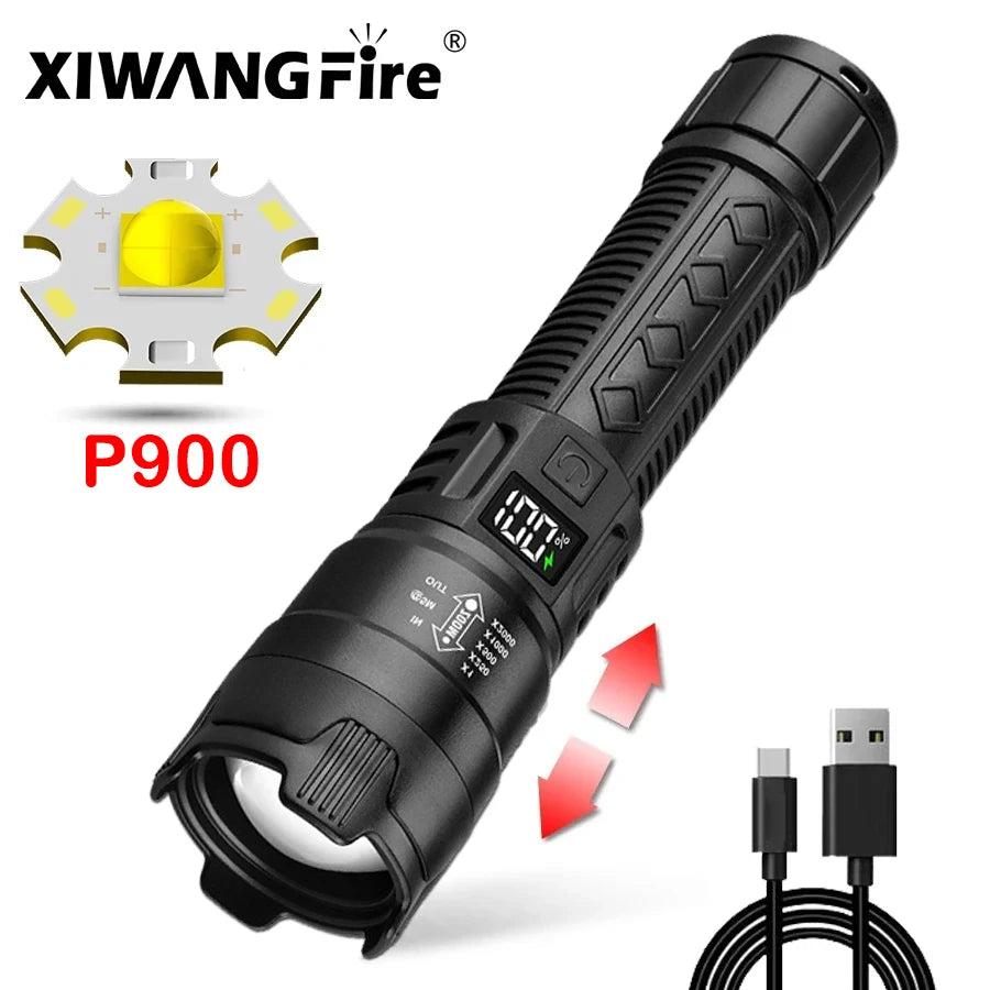 High Power P900 Led Flashlight Rechargeable Zoom Tactical Torch Usb Hand Lantern For Camping, Outdoor & Emergency Use