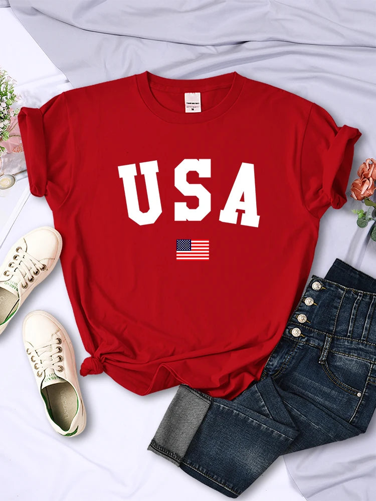 USA National Flag City Street Printed Women T-Shirts Fashion Breathable Short Sleeve Summer Hip Hop O-Neck Tees Hip Hop Tshirts