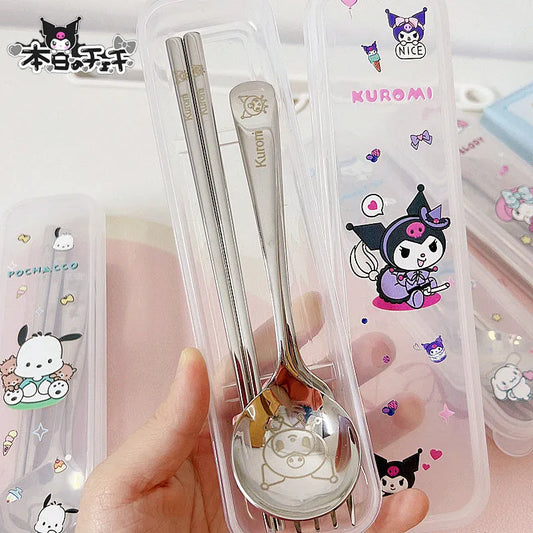 Sanrio Tableware Suit Kuromi Cinnamoroll Kawaii Cartoon Student Have A Meal Spoon Chopsticks Stainless Steel Toys Girls Gifts