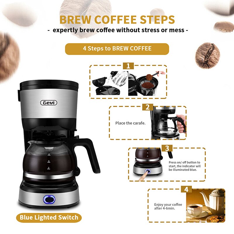 Gevi Drip Coffee Machine 4-Cup Coffee Maker with Auto-Shut Off Coffee Pot Brewer Machine with Cone Filter for Office GECMA409-U