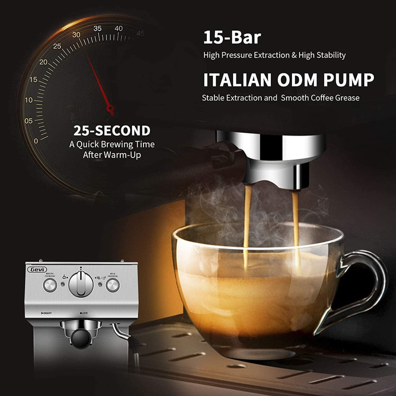 Gevi Espresso Machine 15 Bar Pump Pressure With Milk Frother Steam Wand for Cappuccino, Latte and Mocha Cafe Hotel GECME003D-U